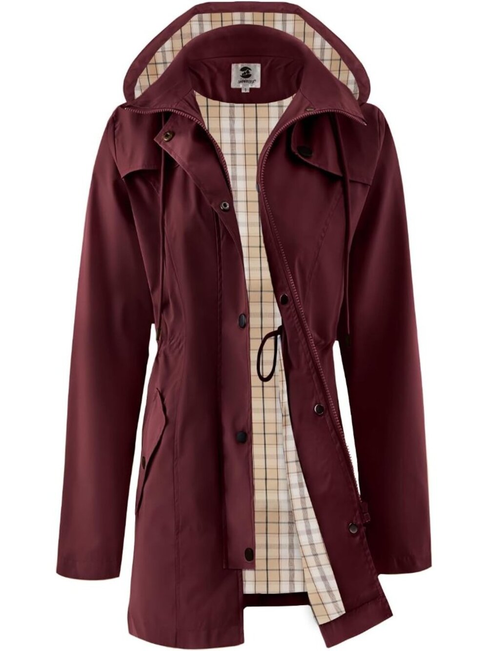 Women's Red Plaid Hooded Snap Pockets Drawstring Waist Waterproof Trench Coat